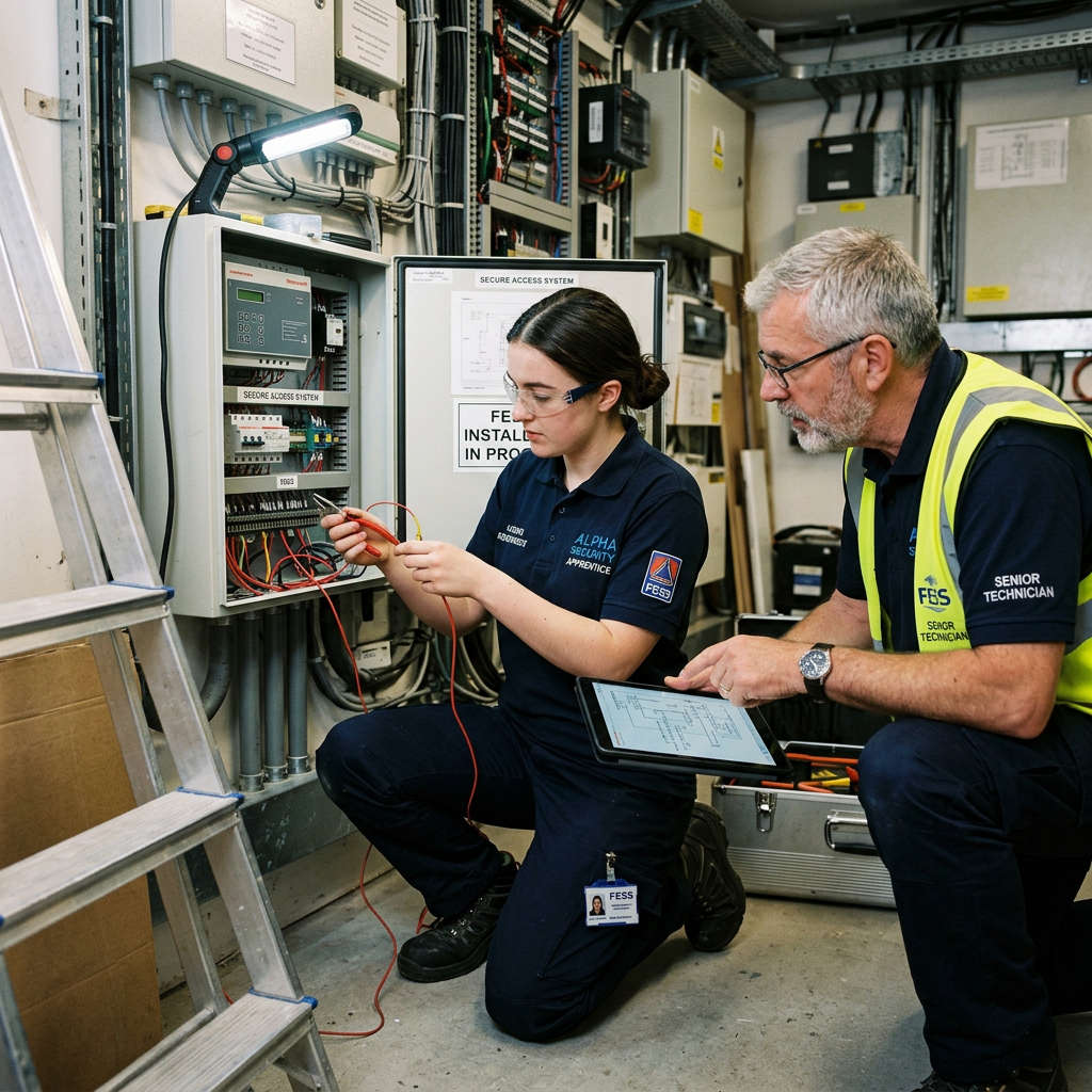 Male senior technician guiding a female apprentice testing wires in an electrical panel