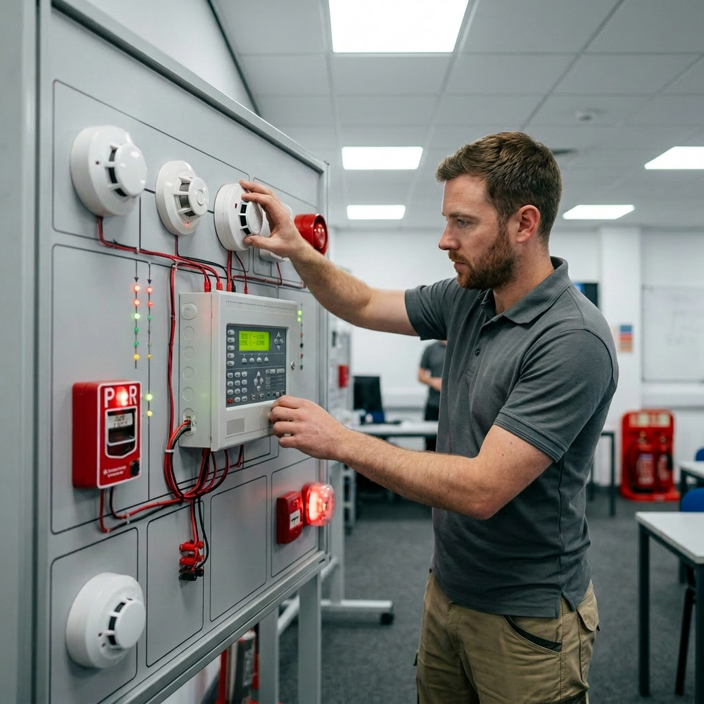 Technician operating a fire detection and alarm system demonstrator panel with sensors and control unit